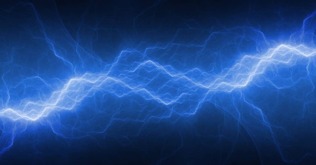 The blue fractal lightning of plasma activation against a black background conjoining in the middle.