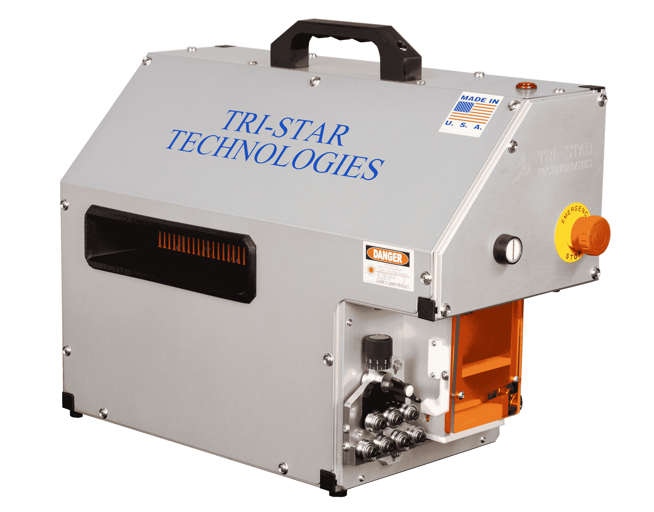 An angled view of the Tri-Star Technologies Econolase laser wire marking machine with a "MADE IN U.S.A." sticker.