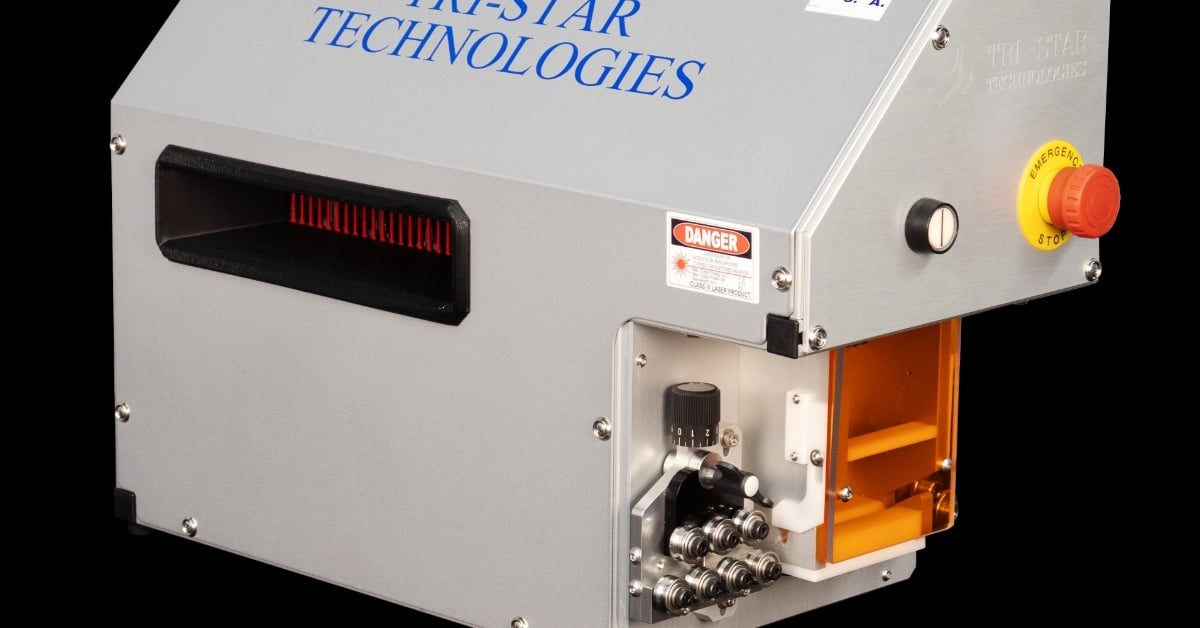 A front and side view of the Tri-Star Technologies portable laser wire marker against a blank background.
