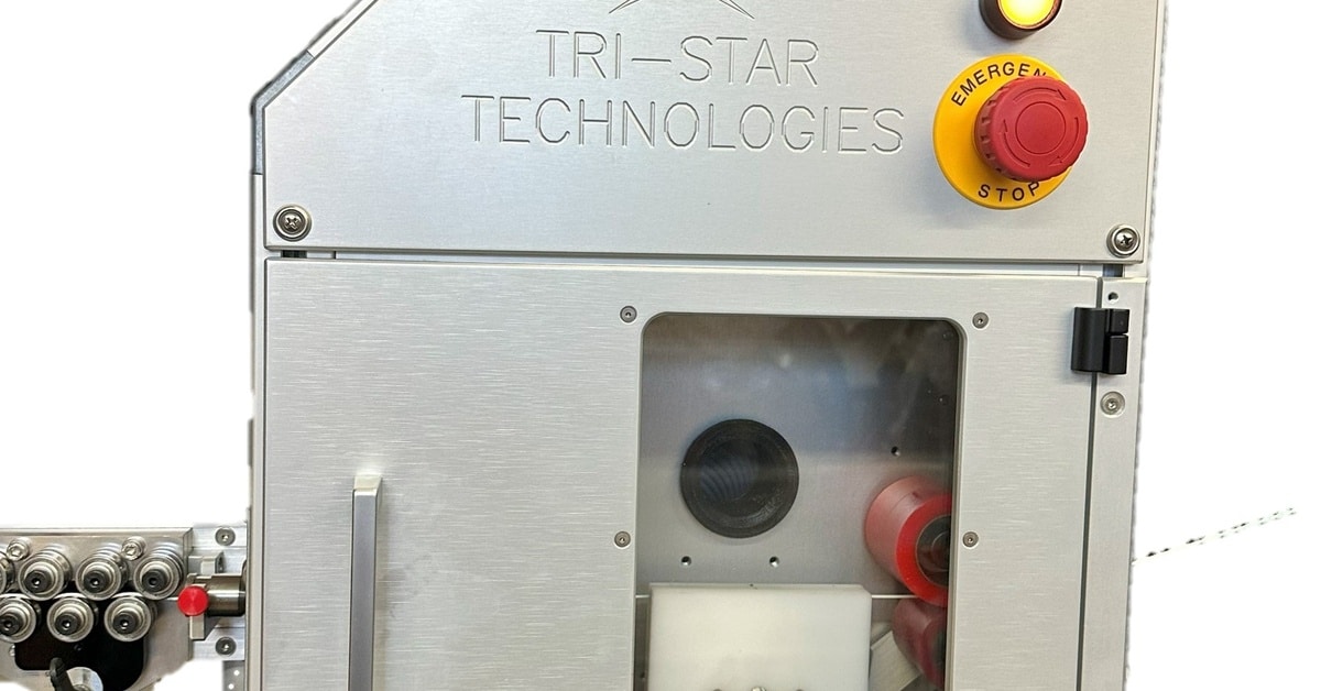 A side view of the Tri-Star Technologies in-line laser marker, the M100L-FG-TT-METEOR, against a white background.