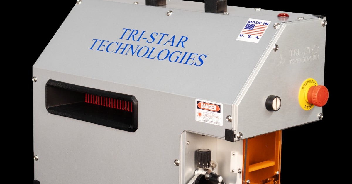 A close-up of the Tri-Star Technologies Econolase laser wire marking system against a blank background.